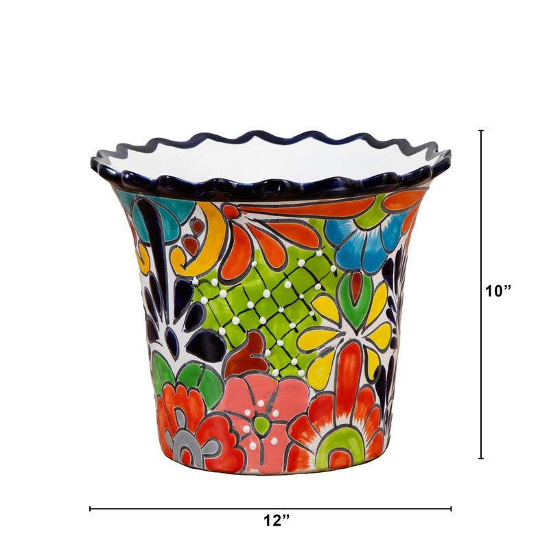 Handmade Round Tapered Ceramic Planter - 12" - Multicolored