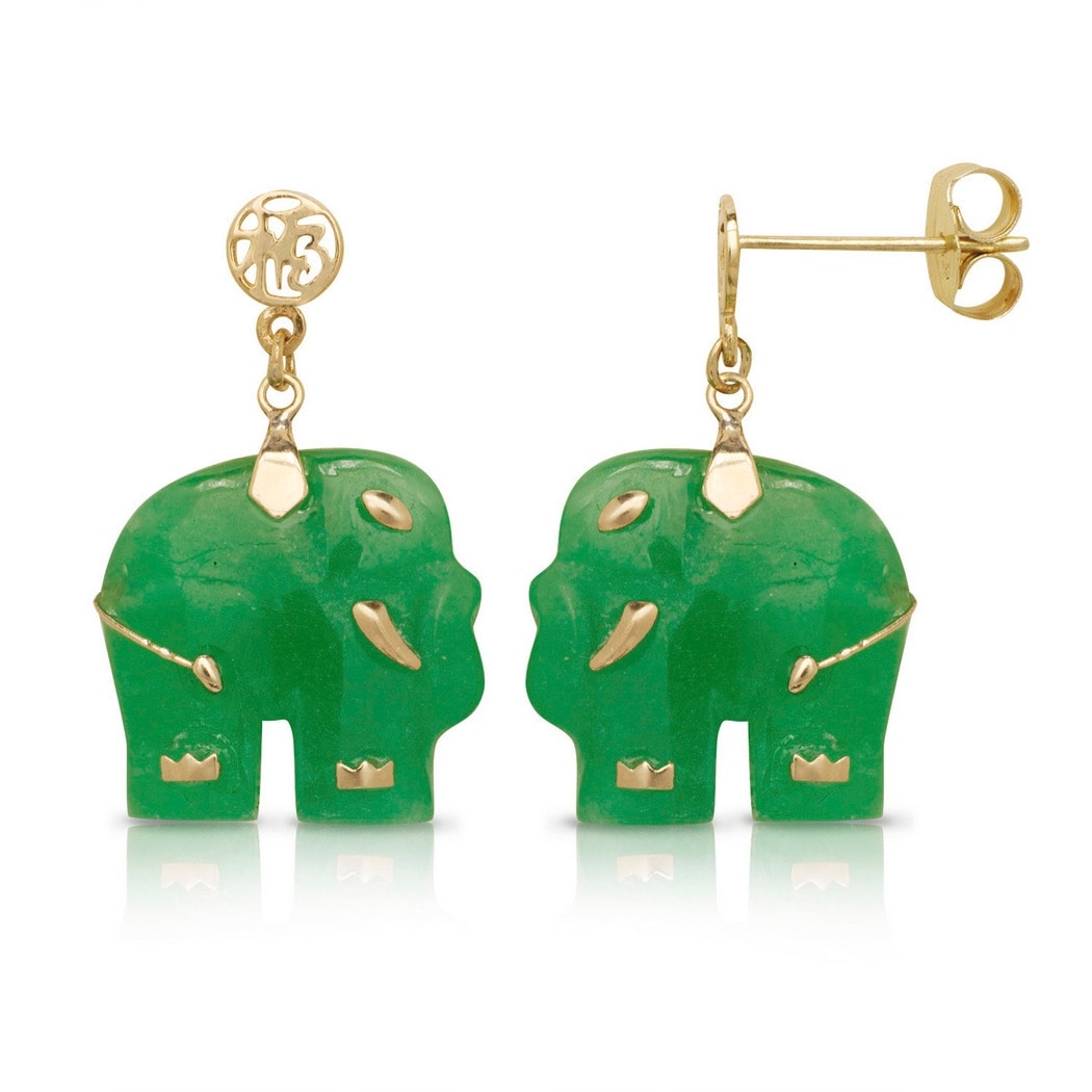 Curata Solid 14k Carved 24x12mm Green Jade Elephant Drop Dangle Earrings