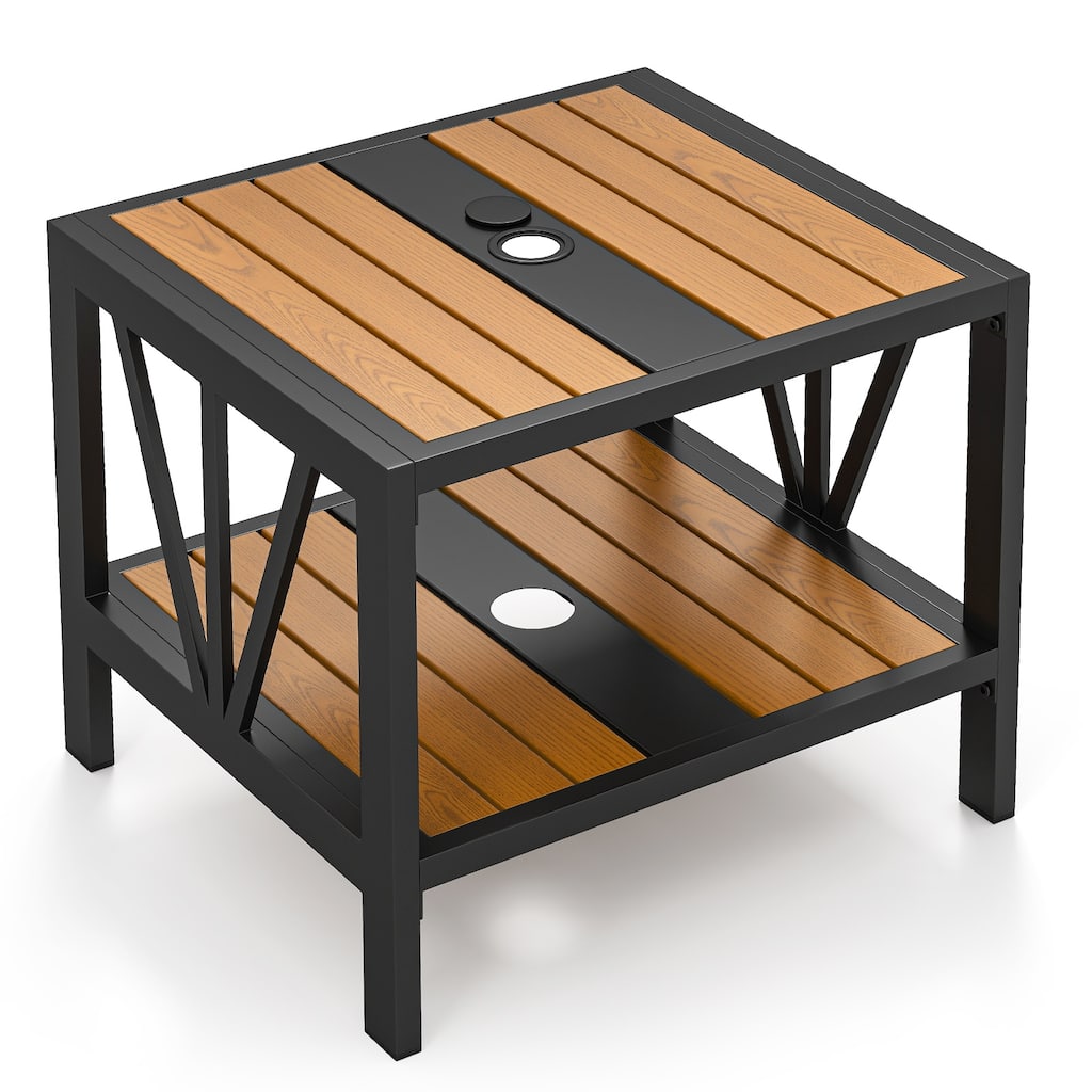 Black-Natural Metal 2-Tier Outdoor Side Table with Wood-Like Top and Umbrella Hole - 20.5" x 18" x 18"
