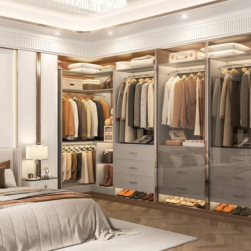 Set of 2 Freestanding Corner Closet Organizer with Drawers, Walk-in Closet System with Hanging Rods