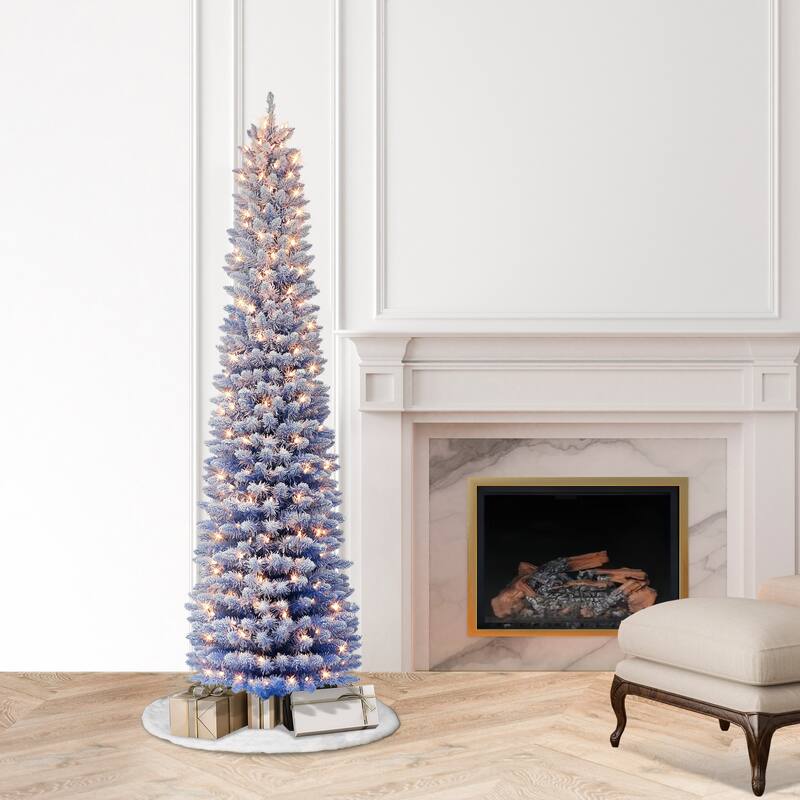 Puleo International 6.5 ft. Pre-lit Flocked Fashion Blue Pencil Artificial Christmas Tree - 6.5 Foot