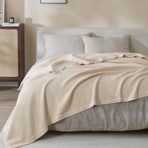 slide 2 of 8, Linery & Co. 100% Cotton All-Season Lightweight Waffle Weave Knit Throw Blanket Full / Queen - Oatmeal