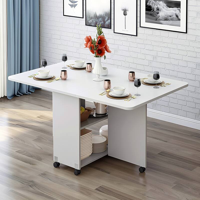 Space-Saving Drop-Leaf Table‌ – 47.2"L x 23.6"W x 30.3"H, White Finish With 6 Wheels & 2-Tier Storage Shelf (Foldable Design) - White