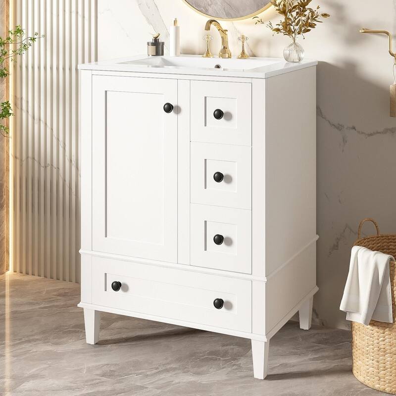 24" Bathroom Vanity with Ceramic Sink, Soft-Close Drawers, Soft-Close Door & Door-Mounted Shelf