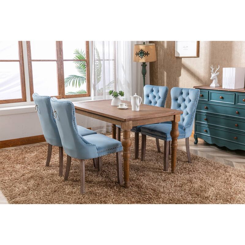 Velvet Dining Chairs Set of 2, Tufted Upholstered Side Chair, Dining Room Chair with Back Ring Pull Trim & Solid Wood Legs