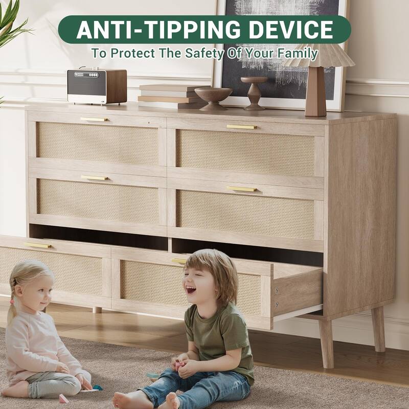 6/8 Drawer Dresser for Bedroom, Natural Rattan Dresser with Metal Handles, Farmhouse Chest of Drawer