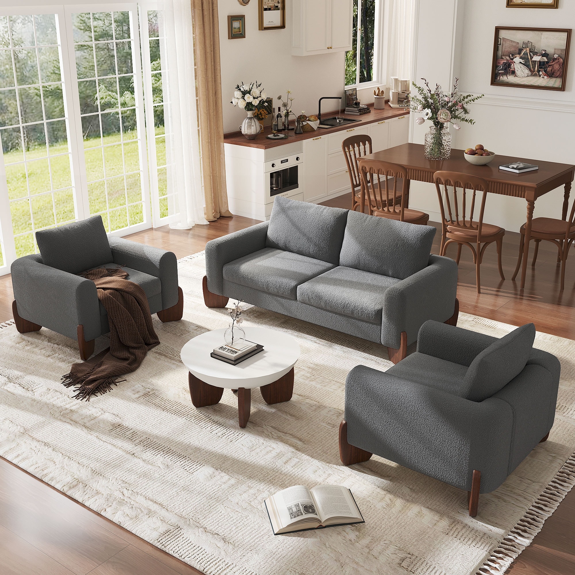 Modern 3-Piece Living Room Sofa Set,1 Loveseat & 2 Armchairs,without Coffee Table