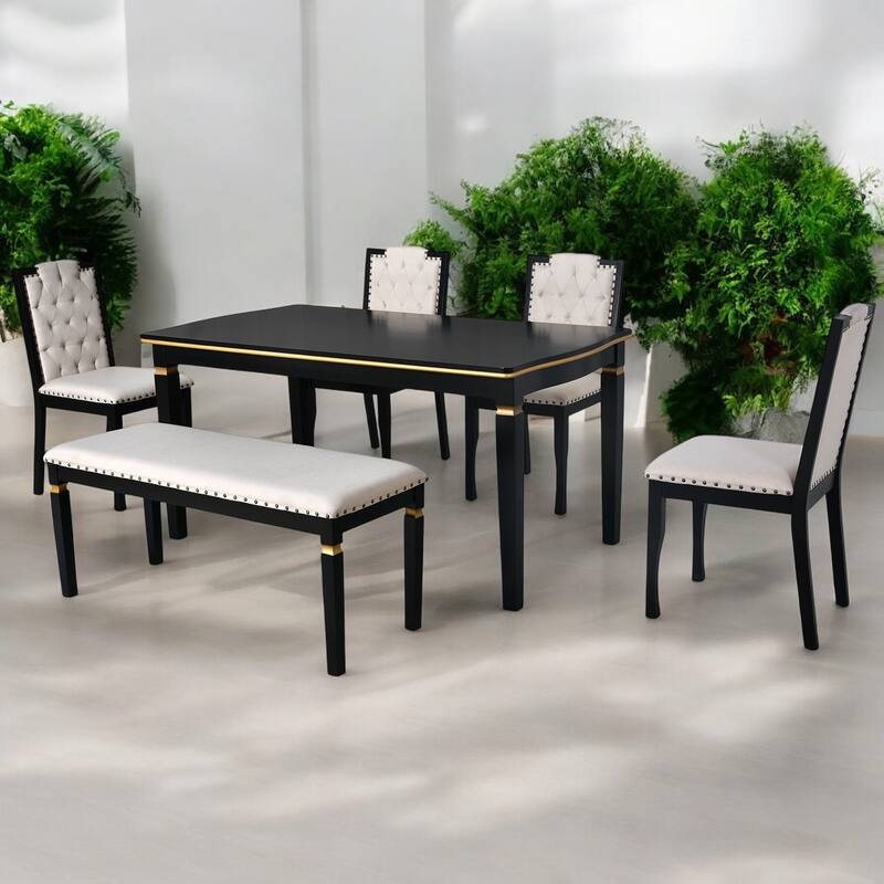 6-Piece Solid Wood Dining Table Set with Upholstered Bench & Chairs, Classic Modern Dining Room Set for Kitchen, Living Room
