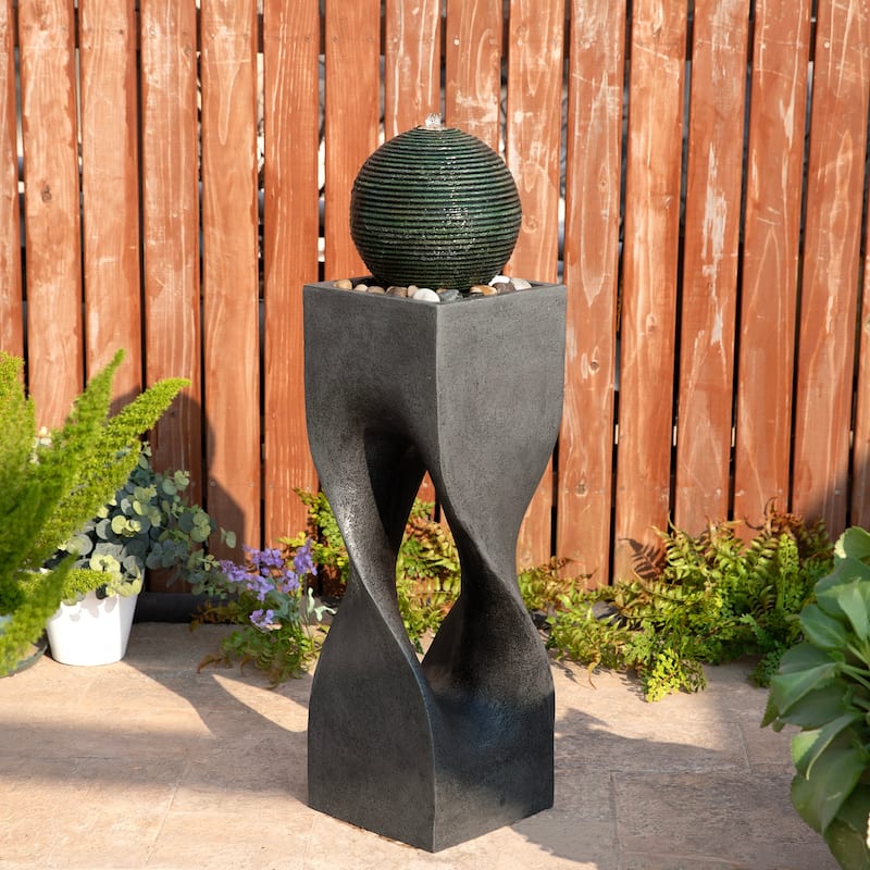 Glitzhome Modern Geometric Oversized Pedestal Sphere Polyresin Outdoor Floor Fountain with Pebbles - Grey - 36.5"H