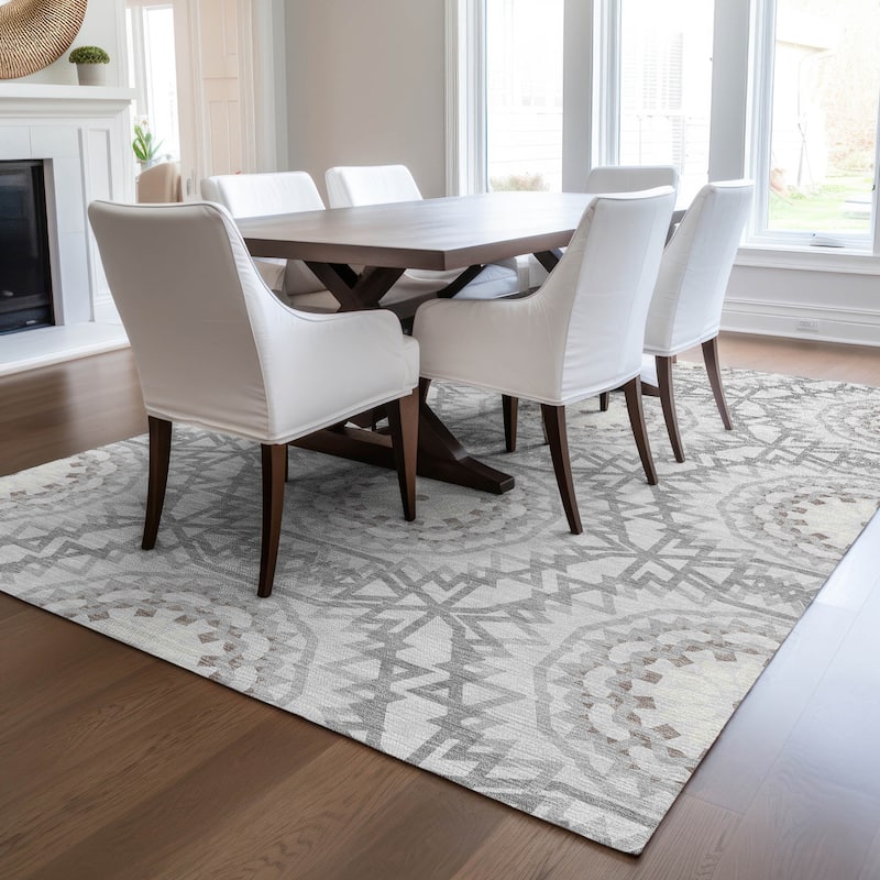 Machine Washable Indoor/ Outdoor Chantille Boho Global Rug - Silver - 3' x 5'