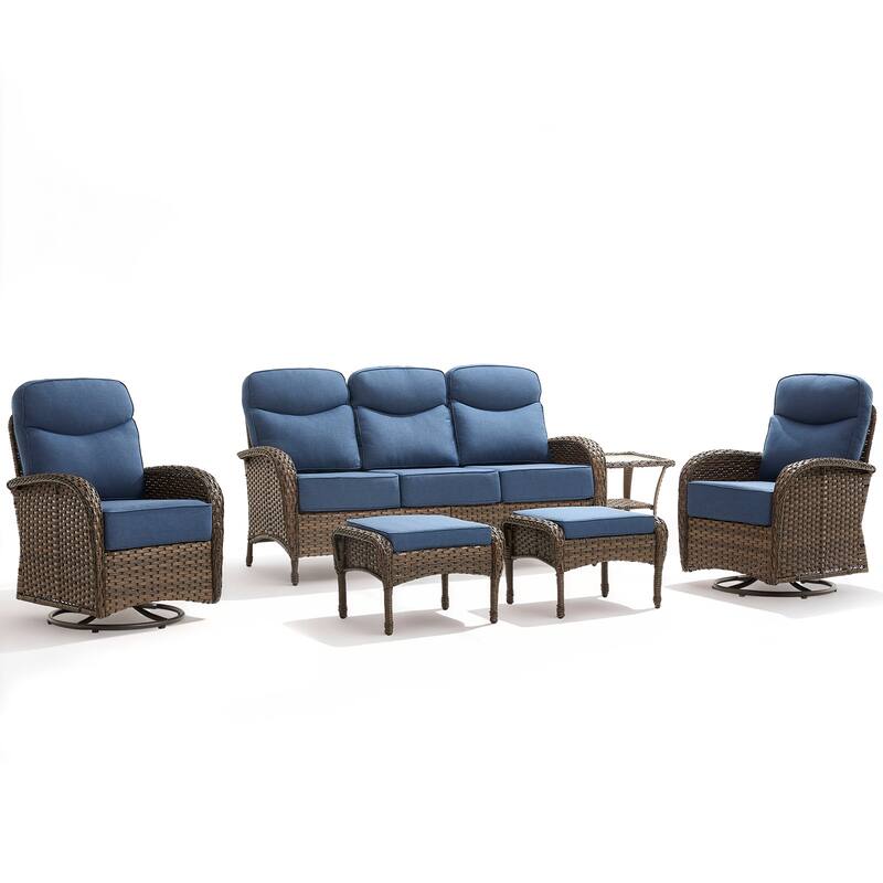 Luna 6-Piece Wicker Patio Conversation Set with Swivel Gliders and 6-Inch Thick Olefin Cushions