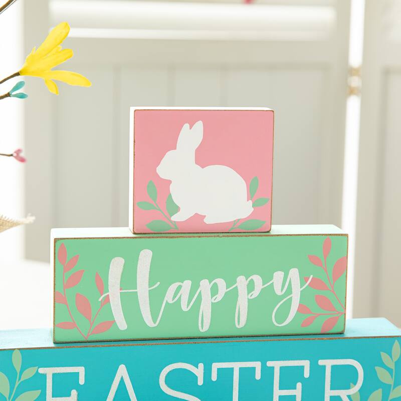 Glitzhome 9.5"L Wooden Block Easter Bunny Table Sign Decor "Happy Easter"