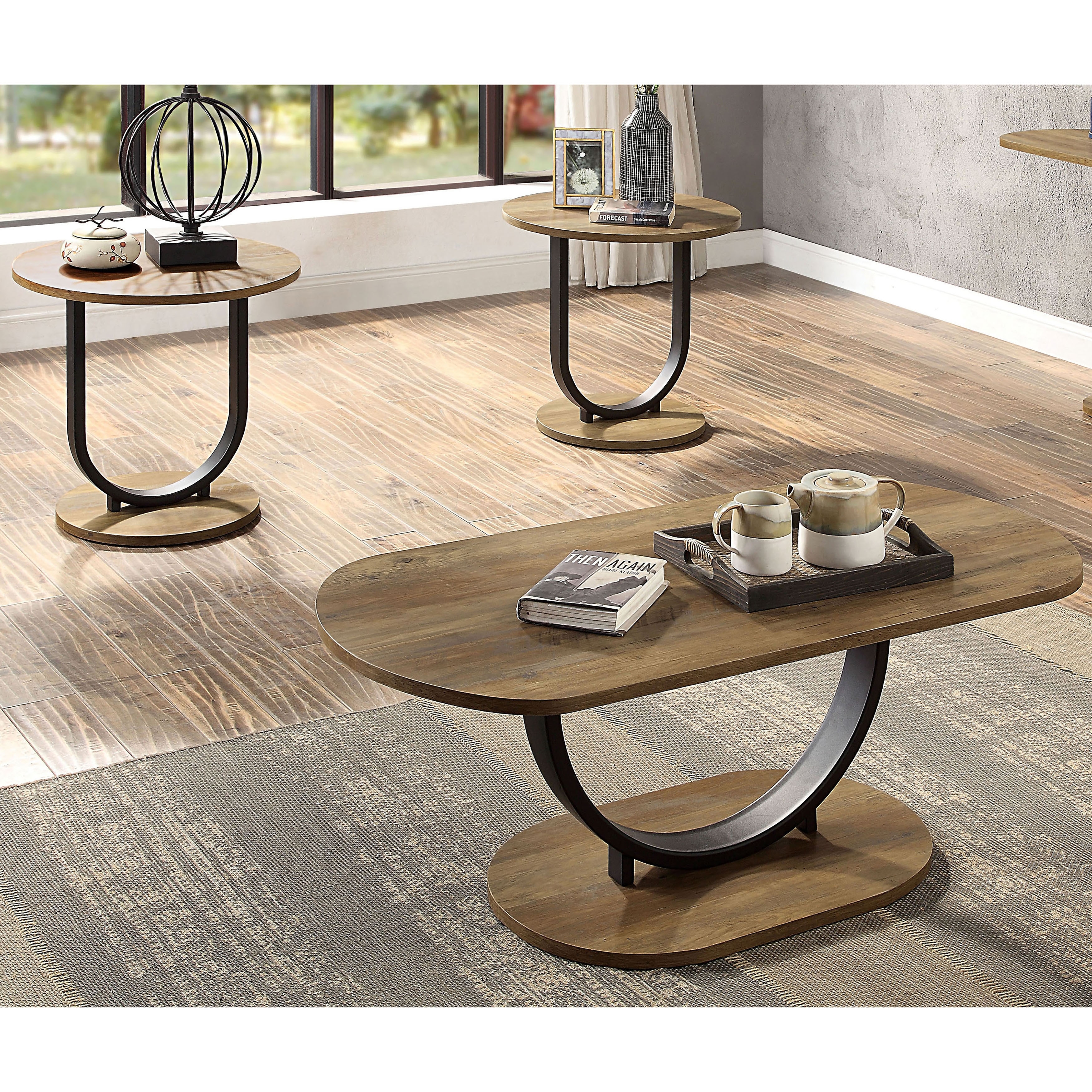 Furniture of America Vimm Industrial Oak Steel 3-Piece Coffee Table Set