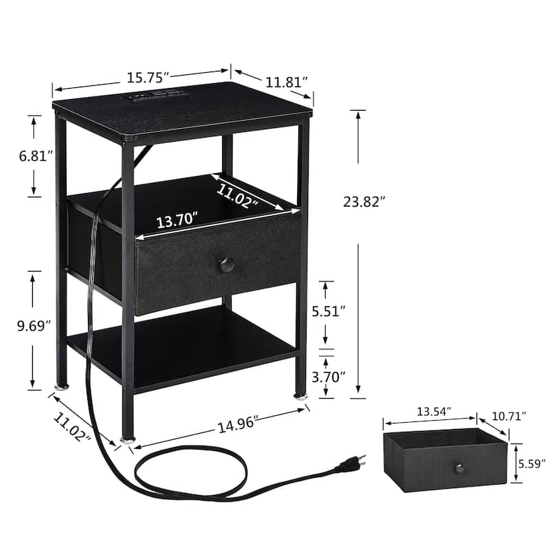 VECELO Nightstand Set with Charging Station 2 AC Outlets & 2 USB Ports 24-Inch High nightstand with Fabric Drawer 2 Open Shelves