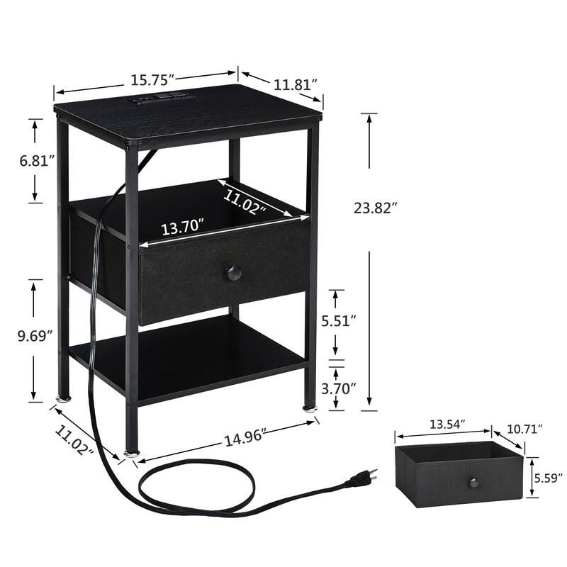 VECELO Nightstand with Charging Station 2 AC Outlets & 2 USB Ports 24-Inch High Bedside Table with Fabric Drawer 2 Open Shelves