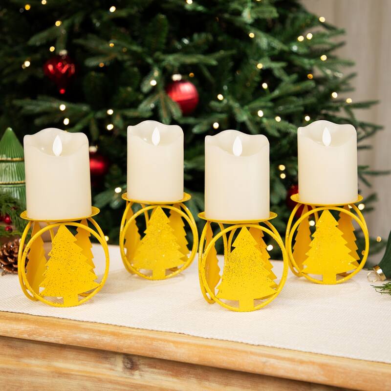 Glittered Metal Christmas Tree Pillar Candle Holders - 4.25" - Set of 4