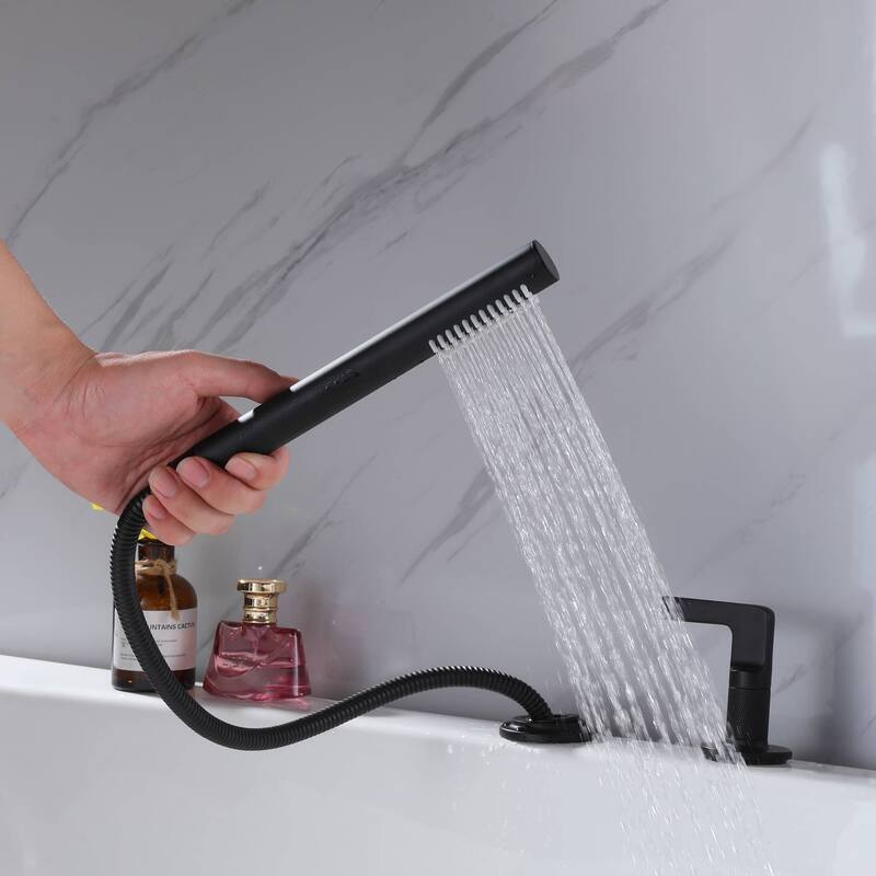 Deck Mounted Bathtub Faucet With Hand Shower Triple Handles 5-Hole Roman Bathroom Tub Filler Modern Bath Faucet Set