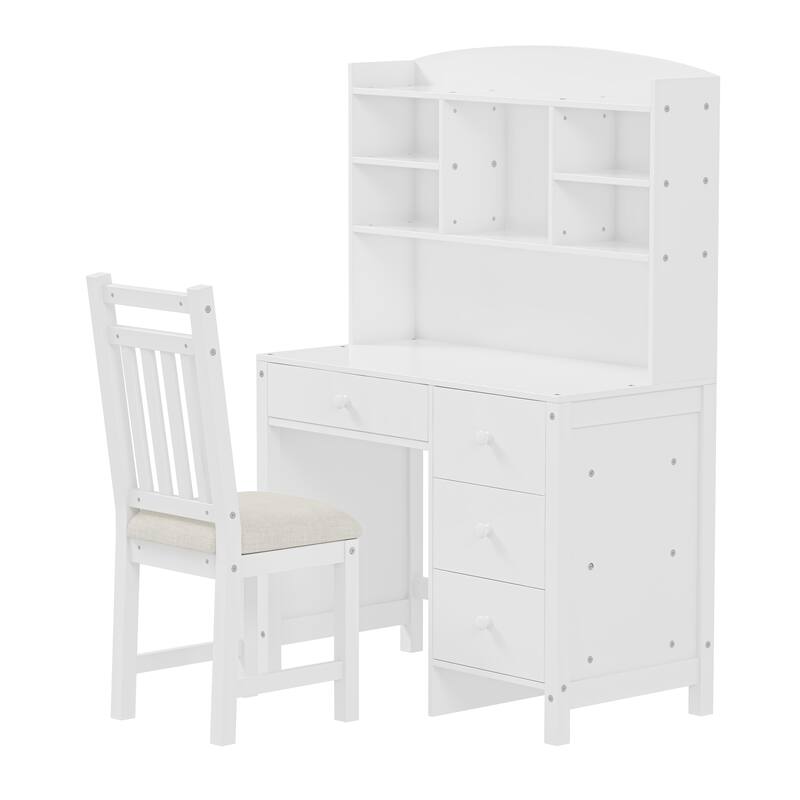 Computer Desk Set with 4 Drawers, Storage Shelf and Chair Writing Desk