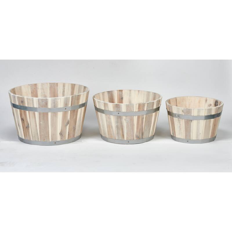 Nested Wood Barrel Planters with White Oil, Set of 3 - 15