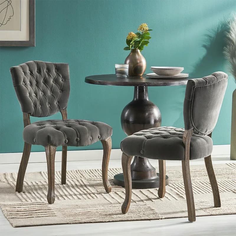 2PCS Tufted Polyester Dining Chairs With Wood Legs