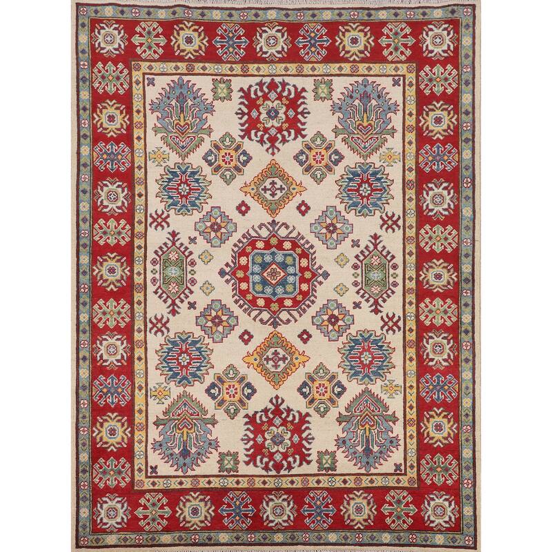 Geometric Ivory Kazak Oriental Area Rug Handmade Wool Carpet - 5'2" x 6'6"