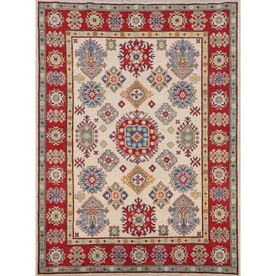 Geometric Ivory Kazak Oriental Area Rug Handmade Wool Carpet - 5'2" x 6'6"