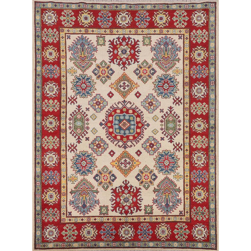 Geometric Ivory Kazak Oriental Area Rug Handmade Wool Carpet - 5'2" x 6'6"