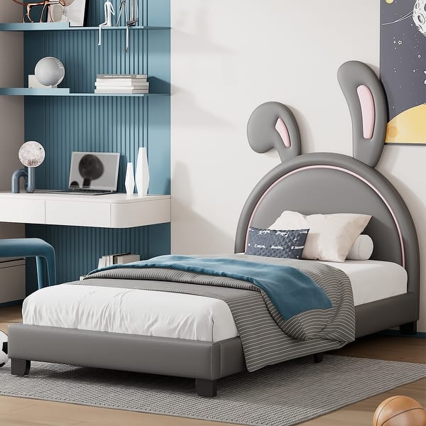 slide 2 of 27, Twin Size Upholstered Leather Platform Bed with Rabbit Ornament Grey