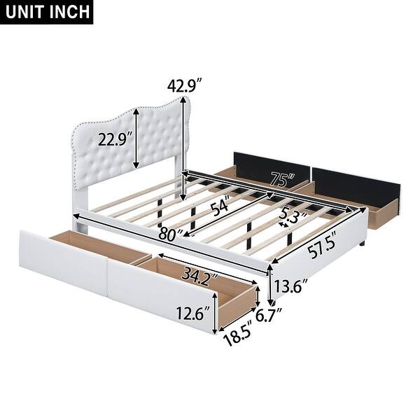 dimension image slide 2 of 4, Queen Size PU Leather Upholstered Platform Bed with 4 Drawers