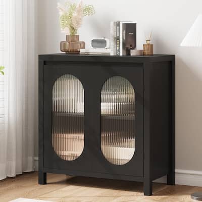 Black Storage Cabinet, Modern Sideboard Buffet Cabinet with Glass Doors and Shelves