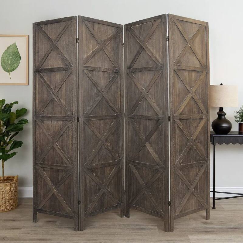 79 Inch Wood 4 Panel Screen Room Divider, Crossed Accents, Brown
