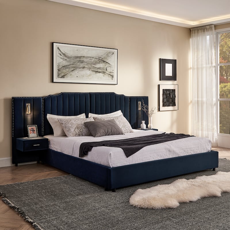 Upholstered Bed, Vertical Stripe Buttons Design Wingback Bed Frame, Velvet Fabric Platform Bed with Bedside Table