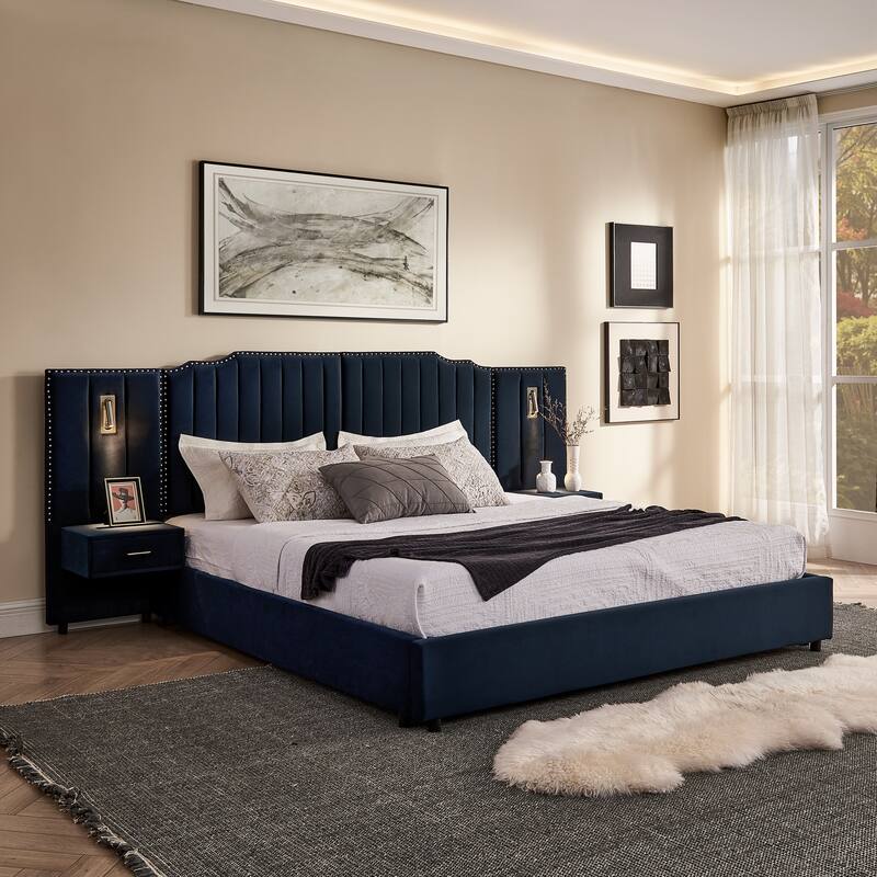 King Size Upholstered Bed Frame with Velvet Fabric, Vertical Stripe Design with Buttons Around King Size Platform Bed - Dark Blue