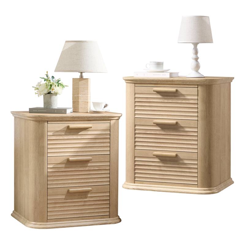 22" Wide Fluted Nightstand with Charging Station, Modern End Table, Wood 3 Drawer Dresser, Large Bedside Tables