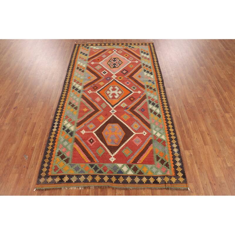 Kilim Qashqai Persian Vintage Rug Flatweave Orange Wool Carpet - 5'0"x 8'11"