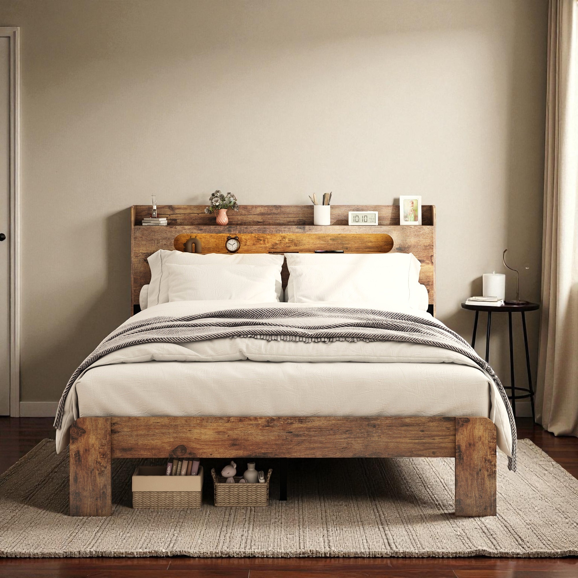 King Size Wood Platform Bed Frame with LED Headboard, USB Charging Station, Storage, No Box Spring Needed