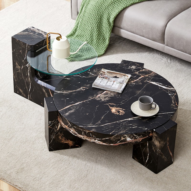 Double-Layer Round Coffee Table, Transparent Glass Top with L-Shaped Legs, Detachable Design Modern Center Table