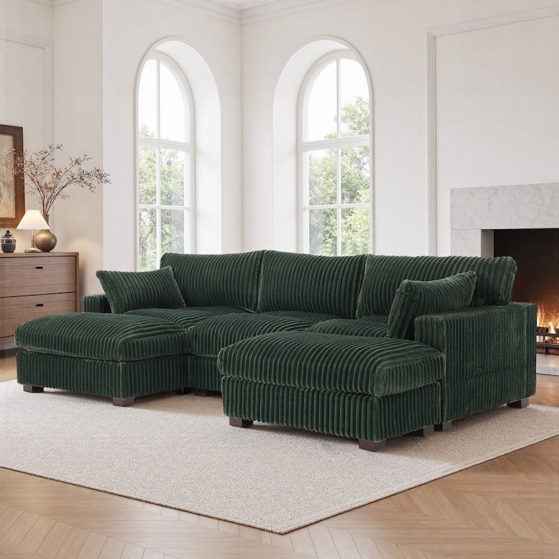 Oversied Plush Corduroy Fabric Modular Sectional Sofa with Chaise, Ottoman - Left Facing - Green-4 Pieces