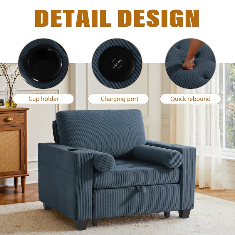 2 Set 3-in-1 Adjustable Recline Convertible Chair Bed Sleeper with USB Port