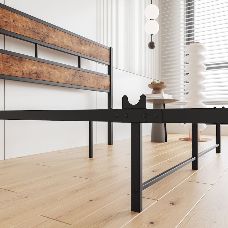 Platform Bed Frame with Rustic Vintage Wood Headboard