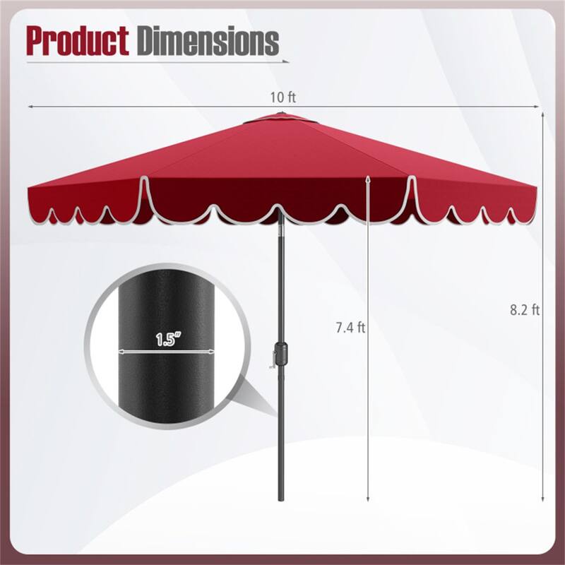 Premium 10 Ft Patio Umbrella with Crank Auto Tilt and Ruffled Edges Sun Protection Waterproof Polyester Canopy - 10 x 8.2 ft