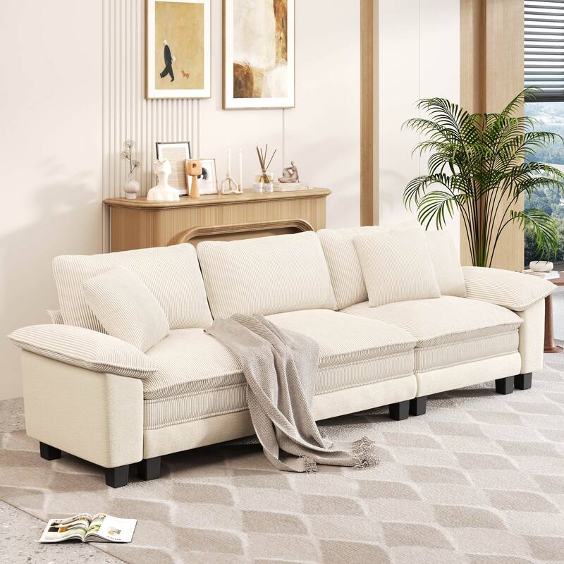 MAISON ARTS Cloud Modular Deep Seat Sofa, Chenille or Corduroy Sectional Couch with Removable Arms, 1–4 Seater - Off-White Corduroy(3 Pieces) - Symmetrical