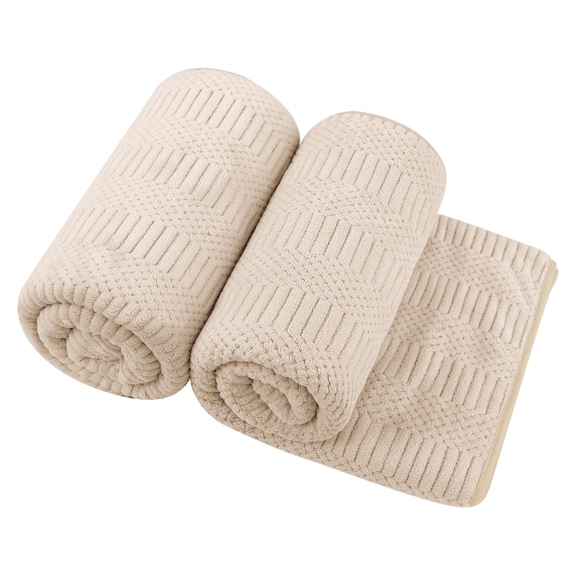 2 Pack Premium Jacquard Fleece Bath Towel, Velvet Highly Absorbent Towels 30"x60" - Almond