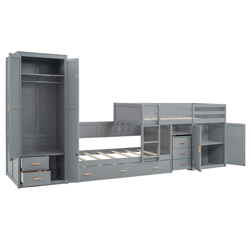 Twin Wooden Bunk Bed with Trundle, Cabinet, Wardrobe, Desk and Drawers, White