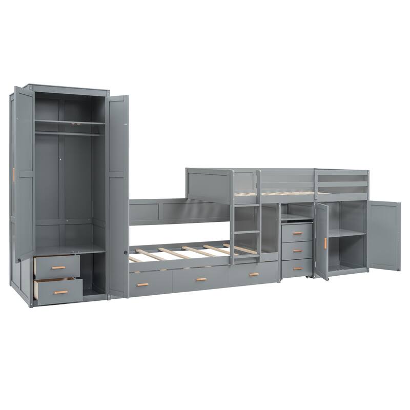 Twin Wooden Bunk Bed with Trundle, and Wardrobe, Desk & 5 Drawers - Gray Plywood, 400lb Capacity