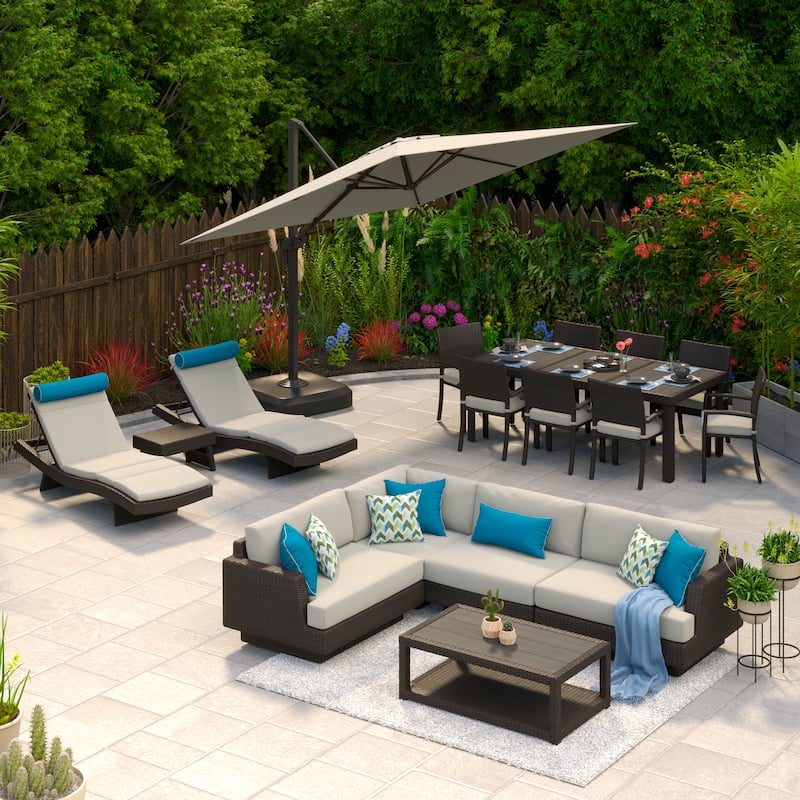 Portofino Comfort 18 Piece Sunbrella Outdoor Patio Sectional Seating & Dining Set with Umbrella