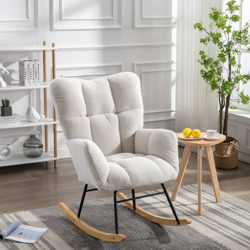 Mid Century Modern Teddy fabric Tufted Upholstered Rocking Chair Padded Seat for Living Room Bedroom