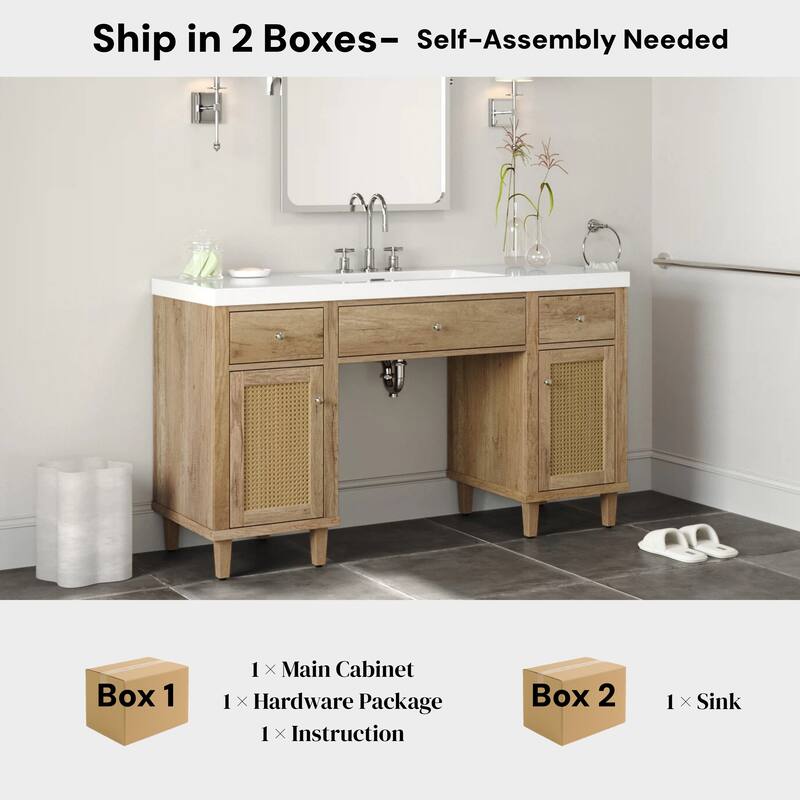 60 Inch Bathroom Vanity with SMC Sink, Modern Spacious Bathroom Storage Cabinet with Soft Close Drawers and Tip-Out Tray
