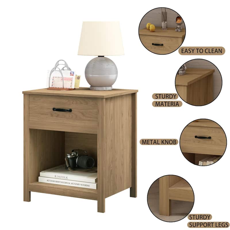 Wood Nightstand with Drawer and Open Shelf, Modern Bedside Table with Storage, Wooden End Table for Bedroom