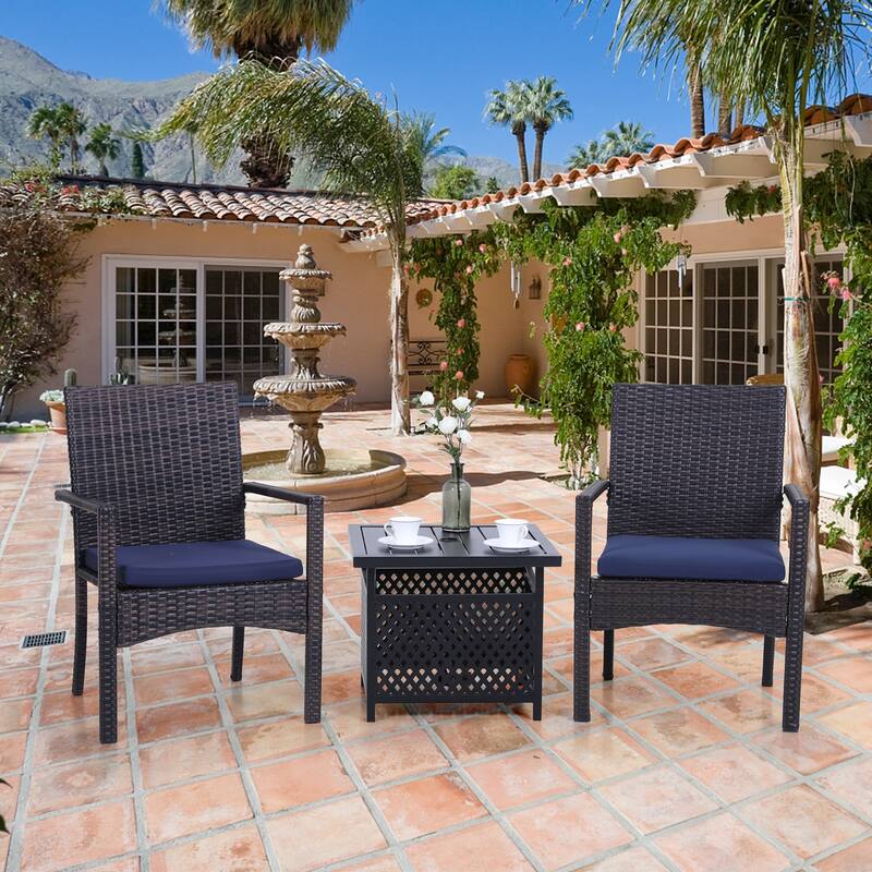 3-piece Patio Bistro Set, Rattan Chairs and Metal Side Table with Umbrella Hole